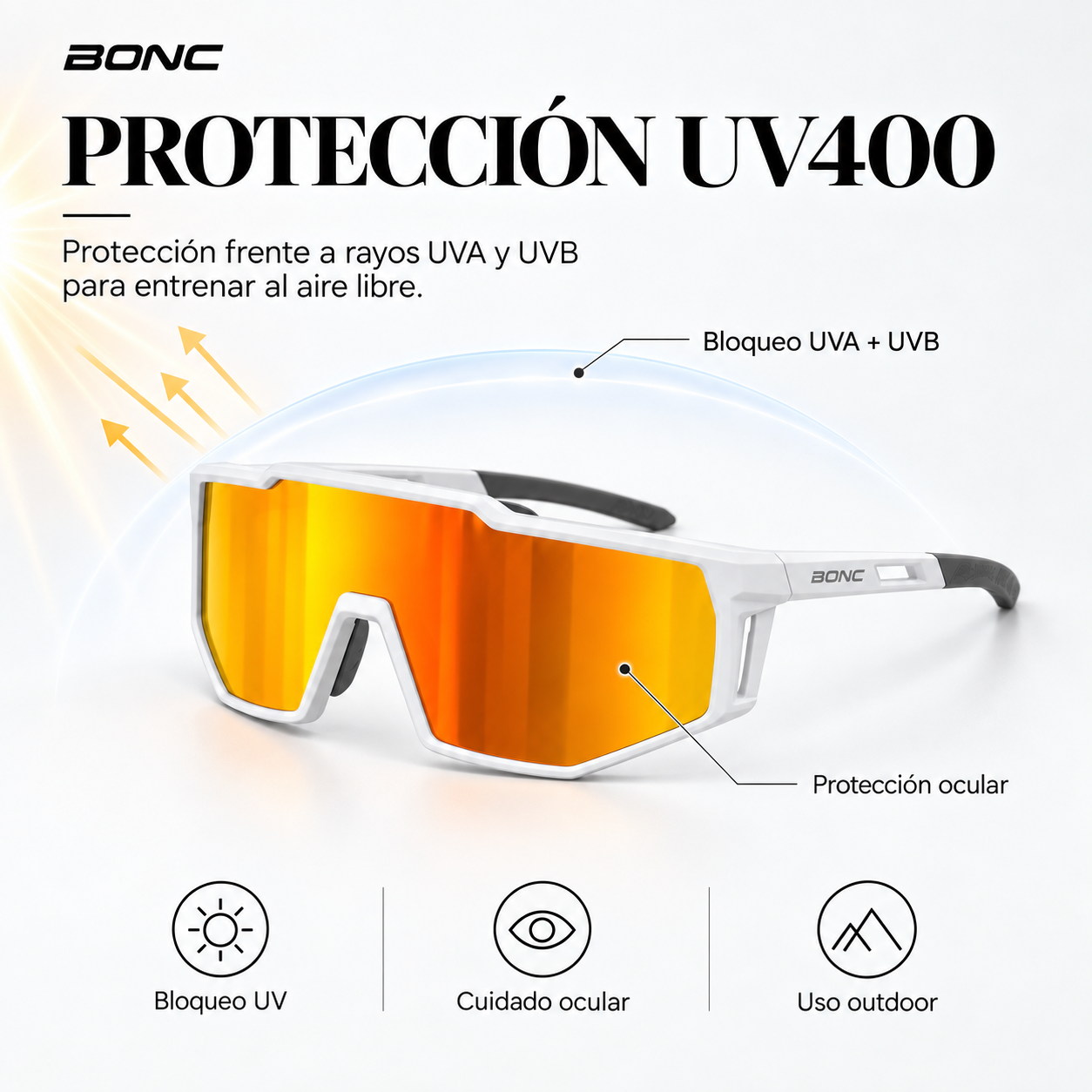 Anteojos deportivos BONC RAVEN con protección UV400 frente a rayos UVA y UVB para actividades al aire libre.